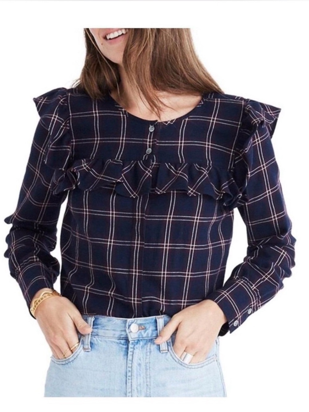Madewell Navy Plaid Ruffle-Yoke Top